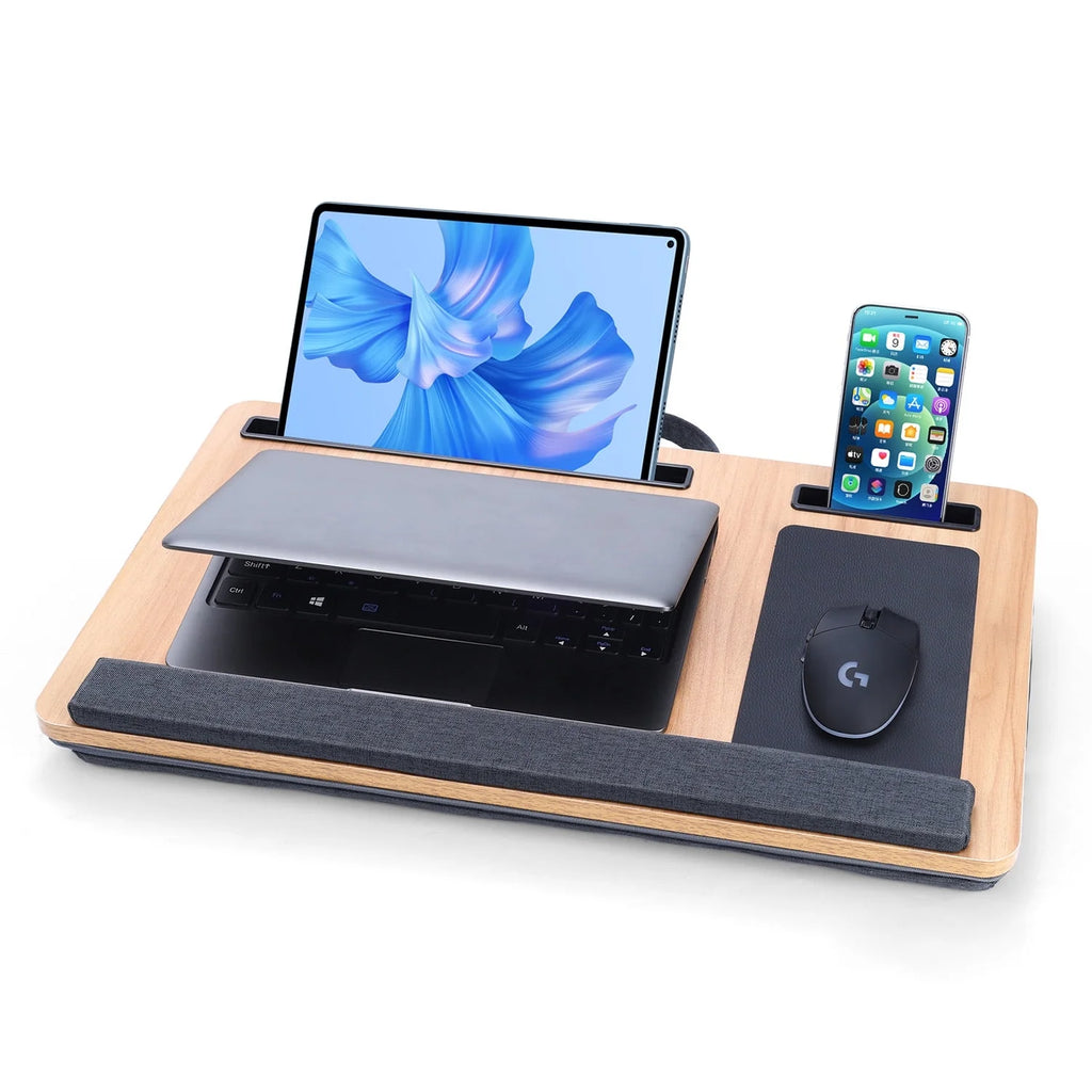 Lap Desk, 21.6 Inch Laptop Desk with Dual Cushion Device Ledge Mouse Pad Phone - Wood Grain