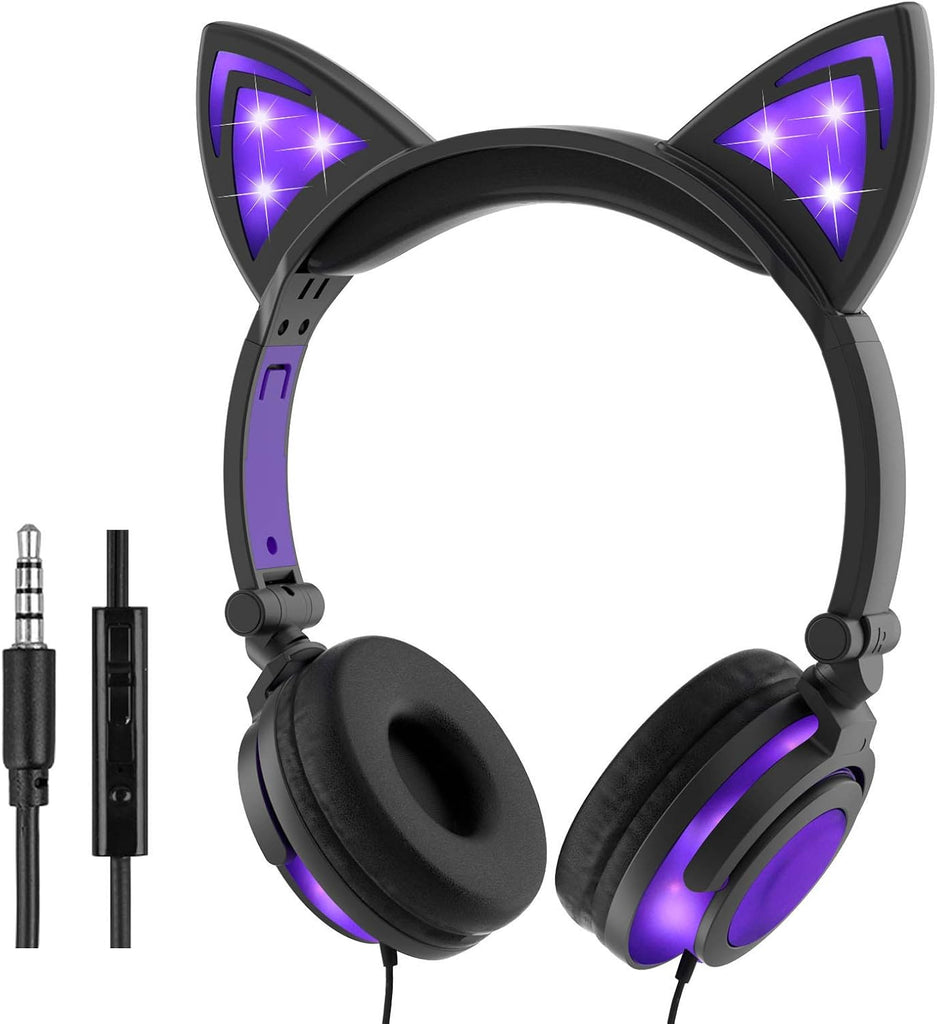 Wired Kids Headphones,Safe 85Db Volume Control On-Ear LED Kitty Headphones with Mic for Kids Boys Girls Children Headset for Computer Tablet Ipad Laptop Gamepad (Purple)